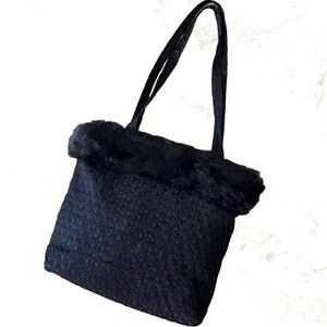 ELKA Vintage Handbag Black Tapestry Fabric Faux Fur Trim Snap Closure 10x10x3.5